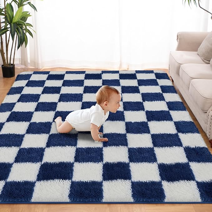 Super Soft Rug for Bedroom, 6x9 ft Blue and White Area Rug Classic Checkered Shaggy Anti-Skid High Pile Soft Fluffy Rug Fuzzy Carpet for Living Room Bedroom Kids Room Nursery, Dorm