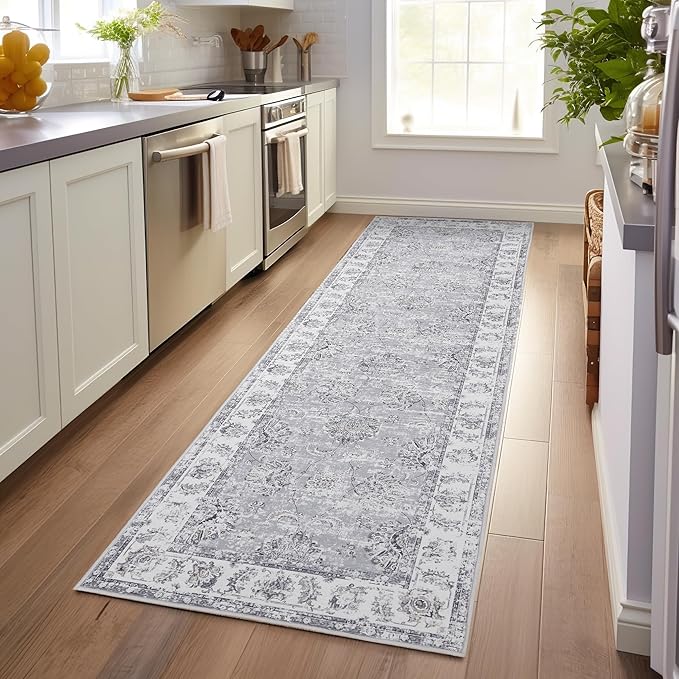 jinchan Hallway Runner Rug 3x10 Machine Washable Runner Rug Grey Vintage Floral Design Non-Slip Low Pile Ultra-Thin for Kitchen Laundry Room Bedroom Farmhouse (3‘x10',Grey)
