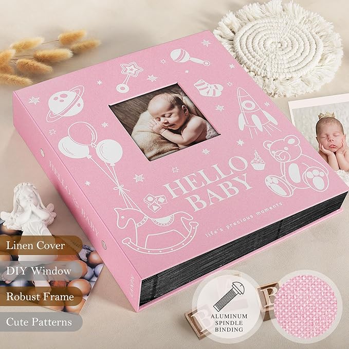 Lanpn Baby Photo Album 4x6 600 Pockets, Linen Cover Photo Book Newborn Bebe Album Memory Book with Front Window Holds 600 Horizontal and Vertical Pictures Gift for Boy Girl Baby Shower Pink