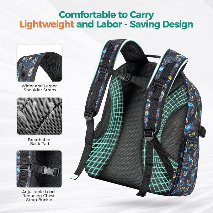 Choco Mocha Gamer Backpack for Boys, Elementary School Backpack for Boys Ages 6-8 Kids Kindergarten Backpack Bookbag 17 Inch with Chest Strap, Black