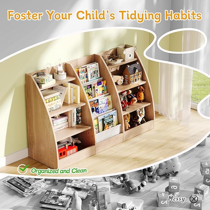 4 Tier Kids Bookshelf, 4 Layer Sling Kids Book Shelf for Kids Rooms, XXL Wood Children Bookcase,Baby Storage Book Rack,Toddler Bookshelf, Book and Toy Organizer,Book Display Shelf Burlywood