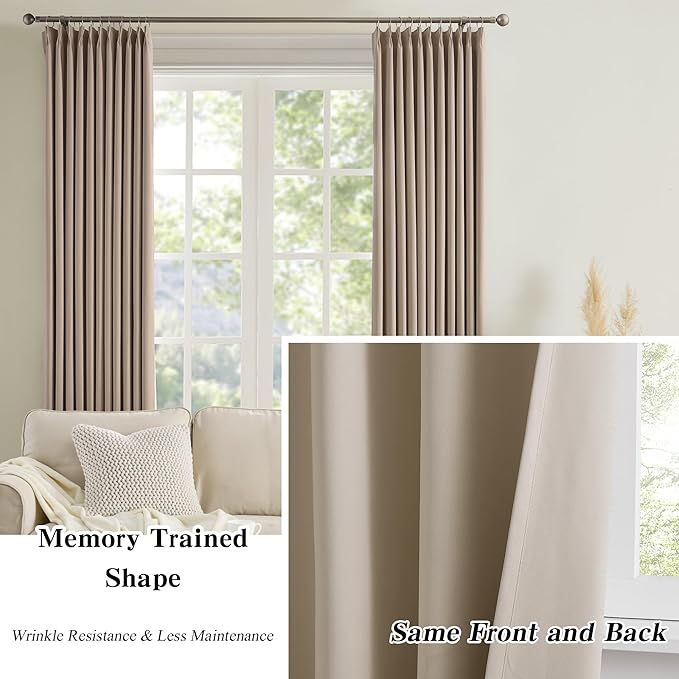 KEQIAOSUOCAI Pinch Pleated Window Curtain Panels 104 Inches Long Light Blocking Solid Custom Made Pleated Curtains Hooks Track Privacy Memory Shape Drape for Living Room,Khaki,40x104, Set of 2