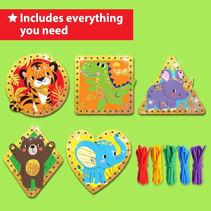 EZCRA Premium Foil Edge Lacing Cards for Kids Ages 3-6 | 10 Double-Sided Animal and Space Sewing Cards with Multilingual Learning | Durable Cardboard Fine Motor Skills Activity Kit