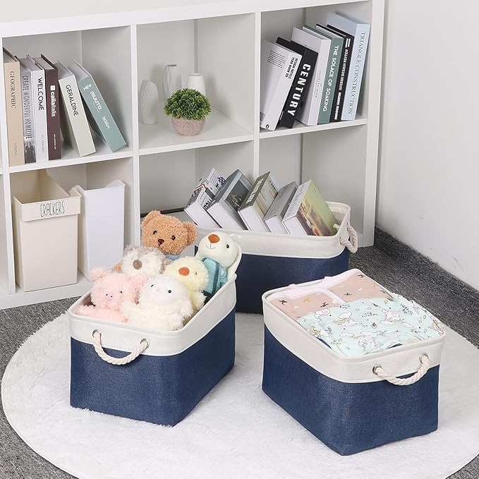 Bidtakay Storage Baskets Collapsible [3-Pack] Decorative Storage Bins with Cotton Rope Handles 15 X 11 X 9.5 Inch Organizing Baskets for Shelves Clothes Closet Navy Blue Baskets for Gifts Empty