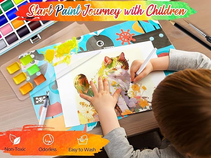 50 Colors Watercolor Paint Set with 6 Brushes, Portable Travel Water Color Kit with Carrying Case, Palette and Accessories, Non-Toxic Art Supplies Gift for Artists Adult Teen Kids Girls Boys