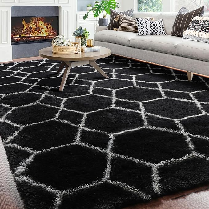 ONASAR Large Area Rugs for Living Room, 7x10 Black and White Rug, Boho Thick Floor Mat for Bedroom Home Decor Aesthetic, Soft Fuzzy Shaggy Plush Fluffy Geometric Carpet for Teen Dorm Classroom