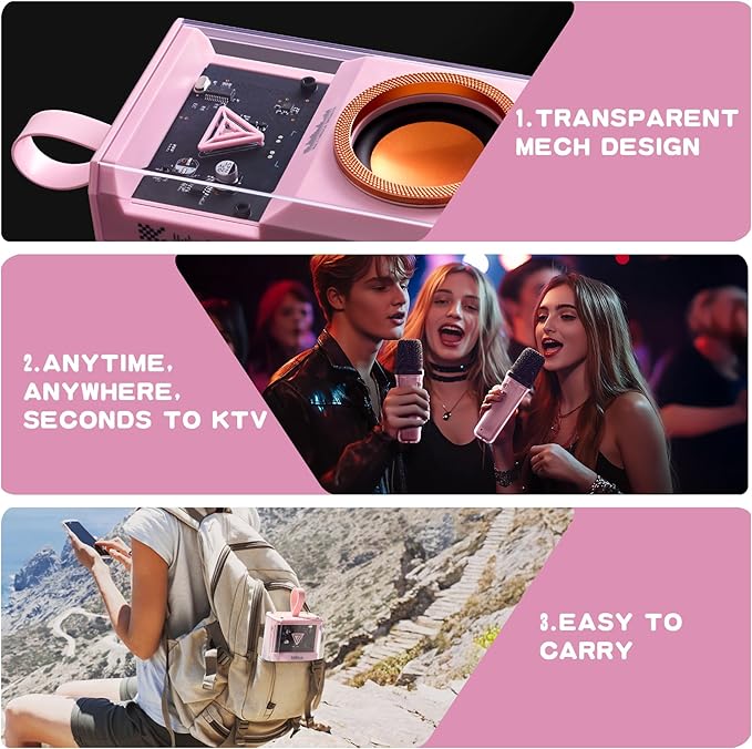 Karaoke Machine for Kids & Adults, Portable Bluetooth Mini Karaoke Speaker with 2 Wireless Microphone and Lights, Birthday Gifts for Girls & Boys, Toys for Girls, Family Home Party (Pink)