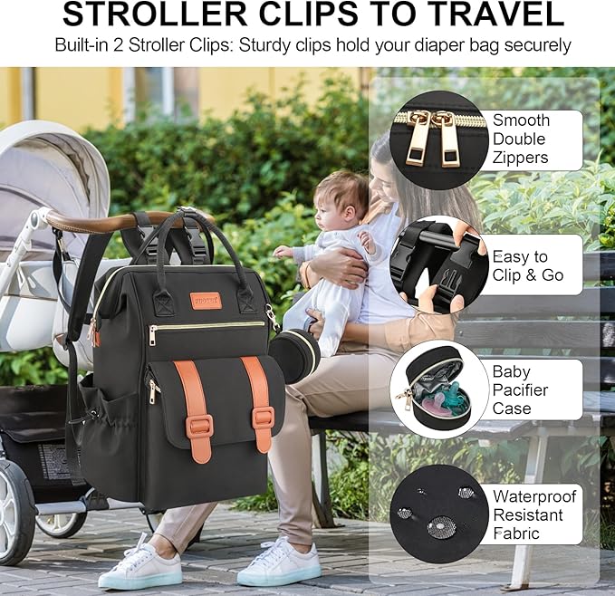 PIIOSER Diaper Bag Tote with Ice Pack, Large Capacity & Waterproof Diaper Bag Backpack for Moms Dads, Insulated Baby Tote Bag with Changing Pad, Stroller Straps & Pacifier Case, Black