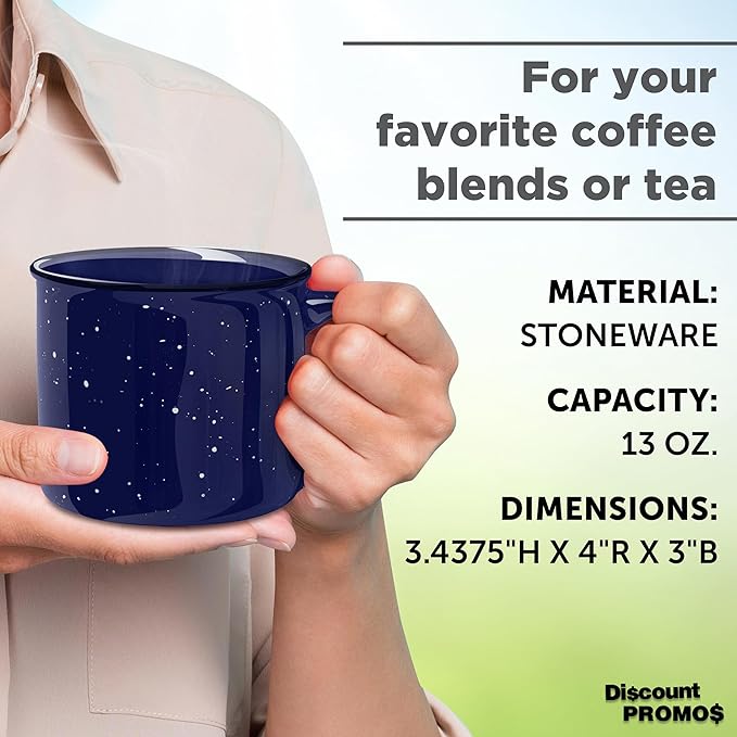 DISCOUNT PROMOS Ceramic Campfire Coffee Mugs 13 oz. Set of 10, Bulk Pack - Perfect for Tea, Espresso, Cappuccino, Hot Cocoa - Blue