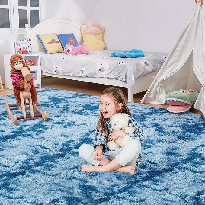 Ultra Soft Rug for Living Room, 8X10 Fluffy Shag Area Rug for Bedroom, Modern Shaggy Carpets Fuzzy Rug for Teens Dorm Nursery Home Decor Aesthetic, Upgrade Anti-Skid Durable, Tie-Dyed Blue Grey