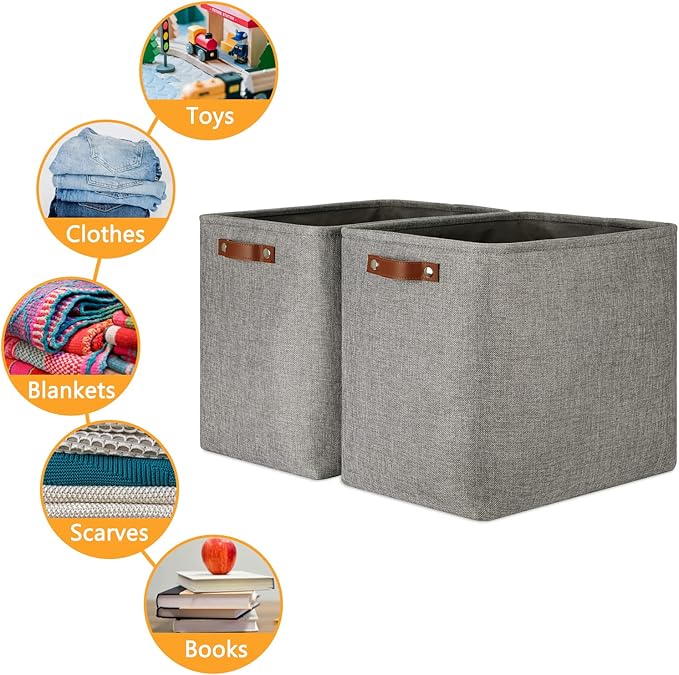 DULLEMELO Grey Storage Baskets 2 Pack Extra Large Fabric Shelf Baskets for Organizing, Closet, Clothes, Toys, Bedroom