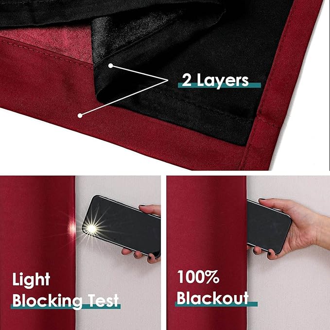 ChrisDowa 100% Blackout Curtains 84 inch Long for Bedroom with Black Liner, 2 Thick Layers Total Blackout Thermal Insulated Grommet Window Curtains 2 Panels Set (Burgundy, 38 x 84 Inch)