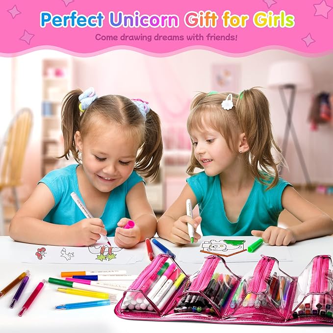 beefunni Unicorn Washable Markers Set 48 pcs with Glitte Pencil Case, Art Supplies for Kids Ages 4-6-8, Arts Crafts Coloring Set with Stickers - Birthday Gifts for Girls 4 5 6 7 8 9 Year Old