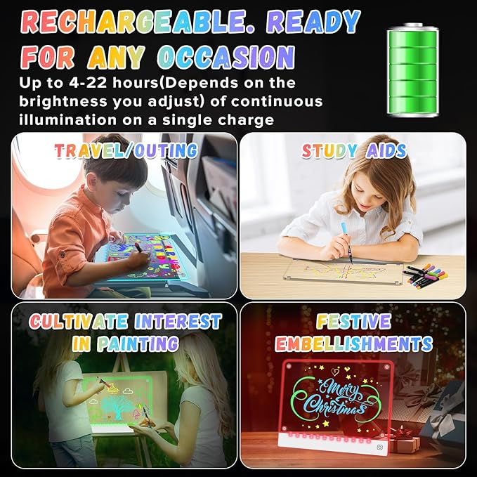 Rechargeable LED Note Board with 7 Colors, Doodle Glow Drawing Lumi Board for Kids with 4 Magnet and Invisible Stand, Light up Acrylic Dry Erase Board with 7 Markers & Tracing Paper (11.8"X9.8")