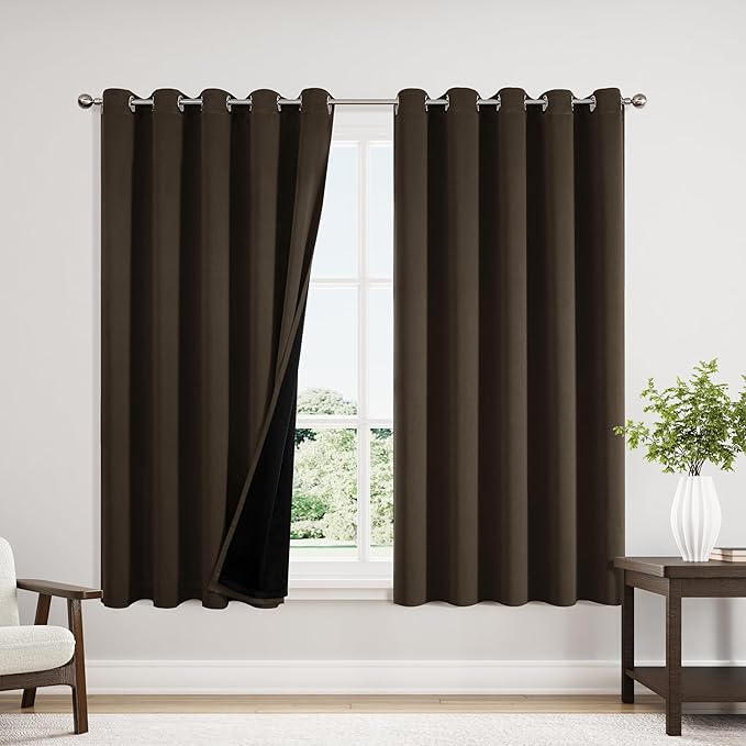ChrisDowa 100% Blackout Curtains 63 inch Long for Bedroom with Black Liner, Extra Wide 2 Thick Layers Total Blackout Thermal Insulated Grommet Window Curtains 2 Panels Set (Brown, 60 x 63 Inch)