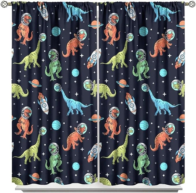Cartoon Dinosaur Curtains for Kids Boys Girls Home Decor, Astronaut Rocket Funny Outer Space Blackout Rod Pocket Window Drapes for Bedroom Living Room W26xL84in 2 Panels
