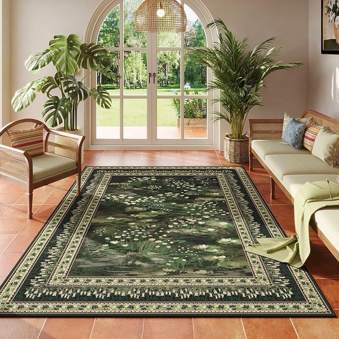 4x6 Rug for Bedroom Impressionist-Style Vintage Washable Rugs Non Slip Low Pile Small Carpet for Bedside Kids Room Office Dining Room, Green