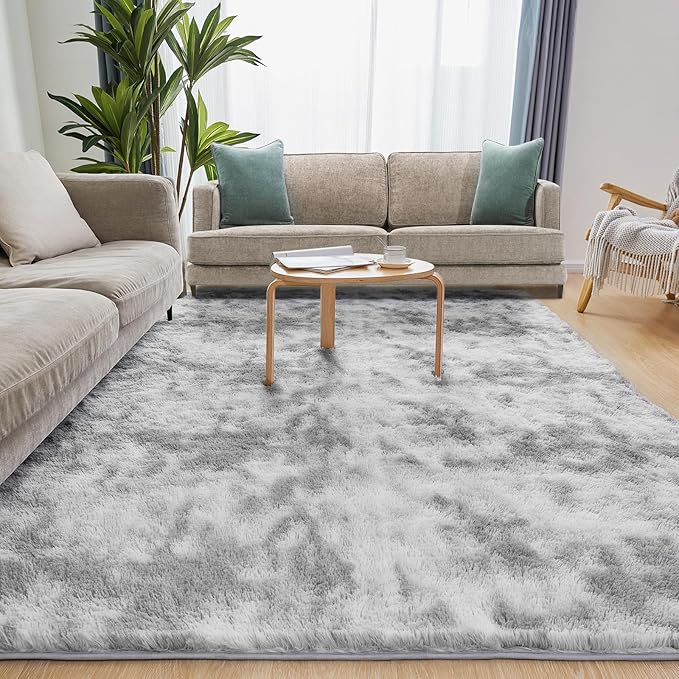 Ultra Soft Area Rugs for Living Room, 5x7 Tie-Dyed Light Grey Fluffy Plush Rugs for Bedroom, Non-Slip Floor Carpet for Nursery, Bedside, Playroom, Corridor, Indoor Decor