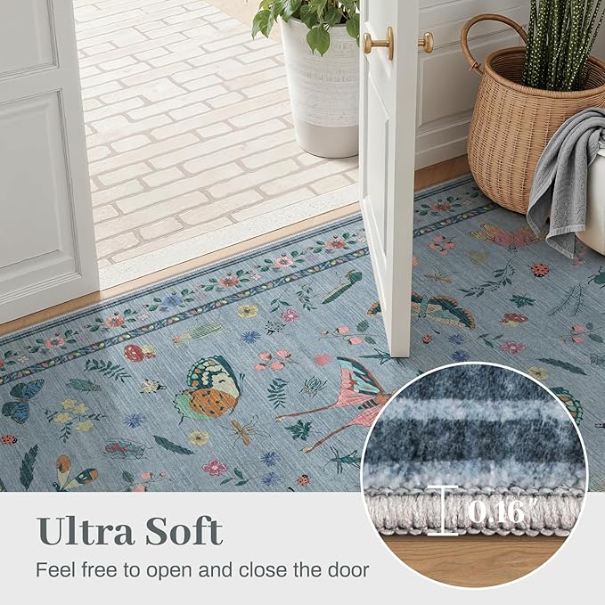 8x10 Area Rugs with Insect Print - Bug Rug Non-Shedding Stain Resistant Soft Carpet for Bedroom, Low Pile Ultra-Thin Machine Washable Carpet for Dining Room, Kids Nursery, Office (8'x10' Blue)