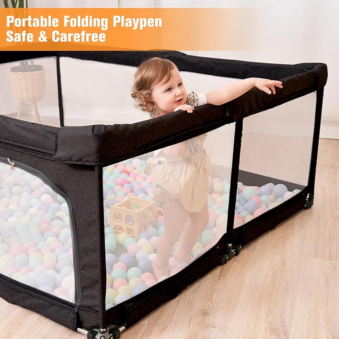 Foldable Baby Playpen with Gate, Extra Large Collapsible Play Yard for Babies & Toddlers, Portable Travel Play Pen with Fence, Safe Activity Center for Indoor & Outdoor Use (51"×51" Black)
