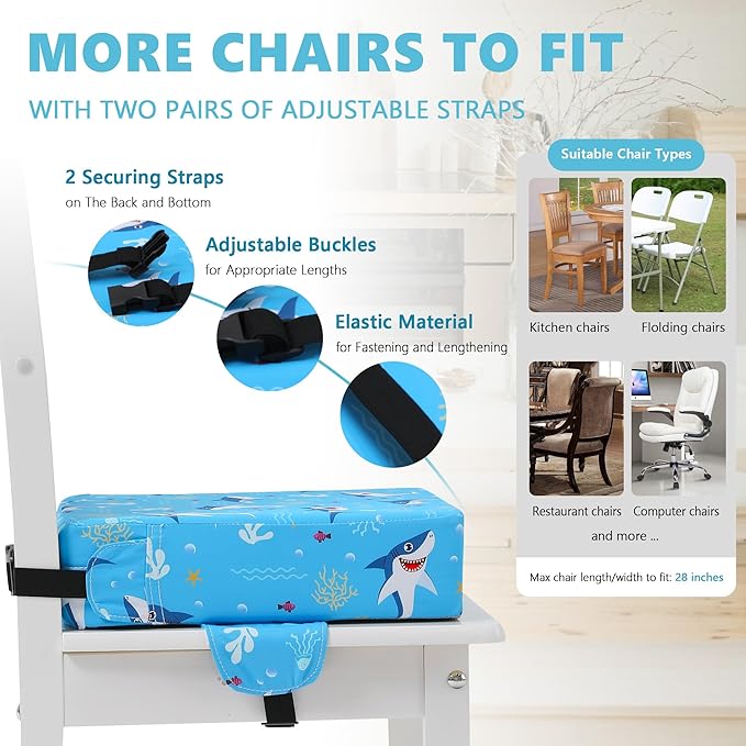 Booster Seat for Kitchen Chair with Adjustable Straps, Toddler Booster Seats for Dining Table Portable for Travel Camping Eating, Booster Cushion for Table for Baby Child Infant Kid Boy Girl