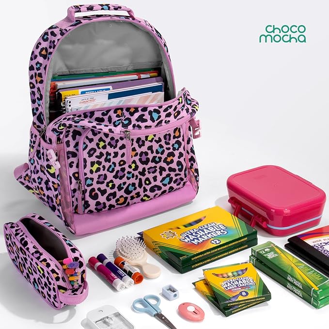 Choco Mocha Unicorn Backpack for Girls, Elementary School Backpack for Girls Ages 6-8 Kids Kindergarten Backpack Bookbag 17 Inch with Chest Strap, Pink