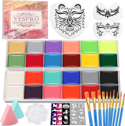 Face Painting Kit For Kids Party,22 Colors Face Paint Kit Includes Paint Tray,Sponges,Brushes and Stencils,Professional Face Painting Kit Non Toxic for Kids and Adults Halloween Makeup