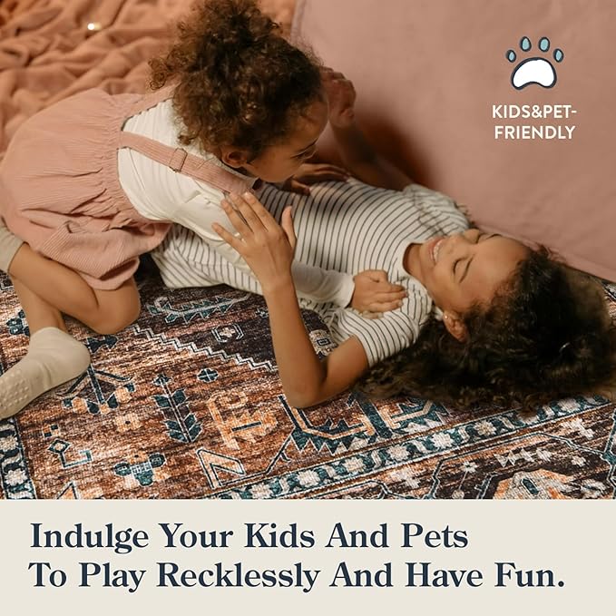 Lahome Washable Living Room Area Rug - 3x5 Non-Slip Ultra-Thin Rugs for Entryway, Throw Small Stain Resistant Kitchen Rugs, Vintage Medallion Print Carpet Rug for Office Bedroom Laundry Room Office