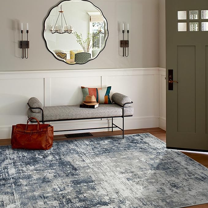5x7 Area Rugs for Living Room Rug Washable: Modern Rug for Dining Room Bedroom Carpet Non Slip Low Pile 5 by 7 Indoor Abstract Nursery Home Office Blue Grey