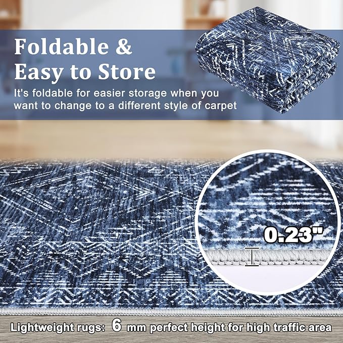 COZYLOOM Washable Runner Rug 2x6 Vintage Non Slip Low Pile Rug Soft Throw Floor Cover Geometric Tribal Foldable Indoor Carpet for Living Room Bedroom Playroom Nursery, Blue