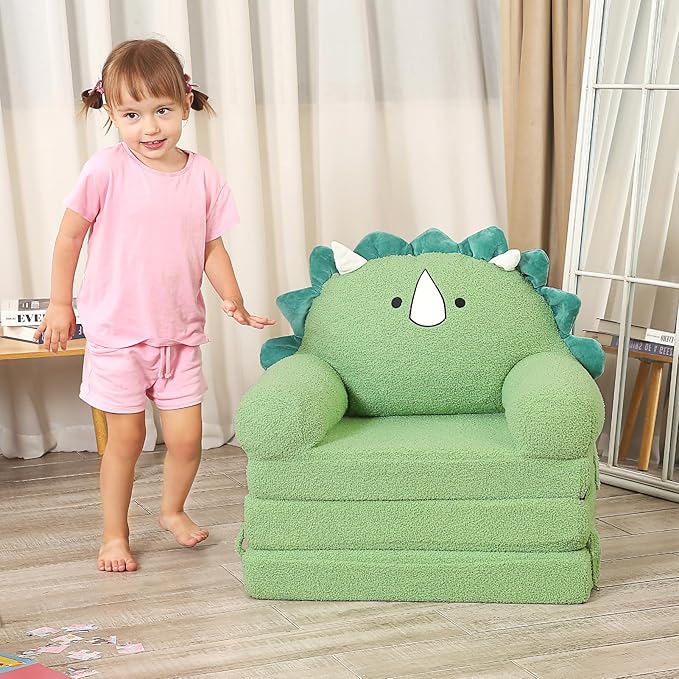 Foldable Kids Sofa, Triceratops Toddler Couch With Tri Folding Foam Cushions, Comfy Couch for Ages 18 Months and Up