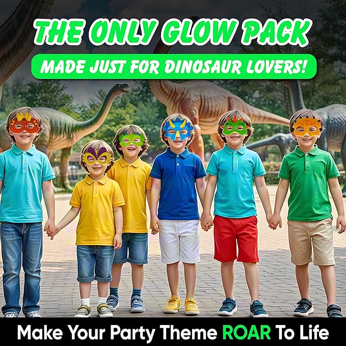 Dinosaur Party Favors Pack – Glow in the Dark Party Supplies | 6 Dinosaur Masks, 6 Bracelets, 6 Necklaces, 6 Wands, 42 Dino Glow Sticks & 80 Stickers | Birthday Classroom Halloween Trick or Treat