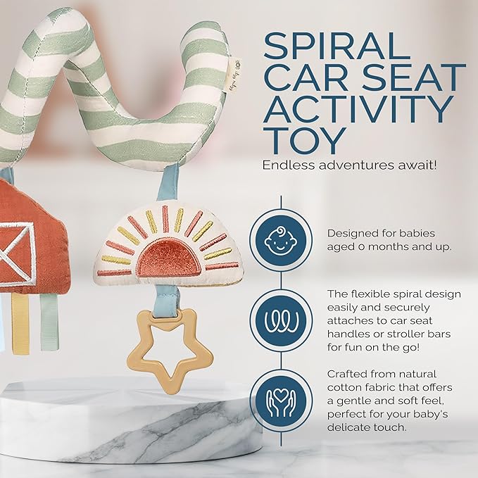 Itzy Ritzy Spiral Car Seat & Stroller Activity Toy - Stroller & Car Seat Toys for Ages 0 Months and Up - Hanging Toys Include Dangling Ring, Mirror and Textured Ribbons (Farm)