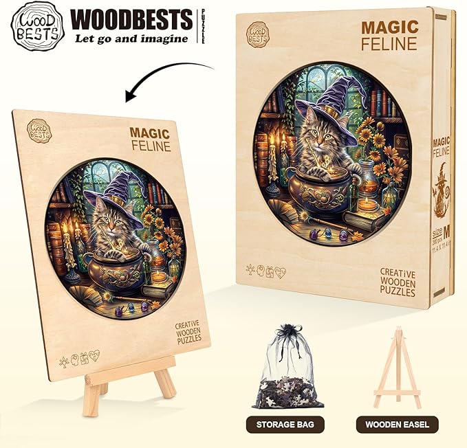 KAAYEE Wooden Puzzles for Adults, 3D Visual Effect Magic Feline Cat Wooden Jigsaw Puzzle Unique Shape Wood Puzzle Adult, 3D Effect Flat Puzzle Birthday Family Game (L-13.4 * 13.4 in-280pcs)