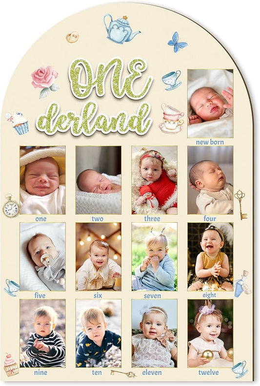 R HORSE My First Year Photo Frame Board, 3D Onederland Tea Party Birthday Decorations Display Wood Board, Baby First Year Picture Frame 12 Months Milestone 1st Birthday Nursery Decor Gift for Girl