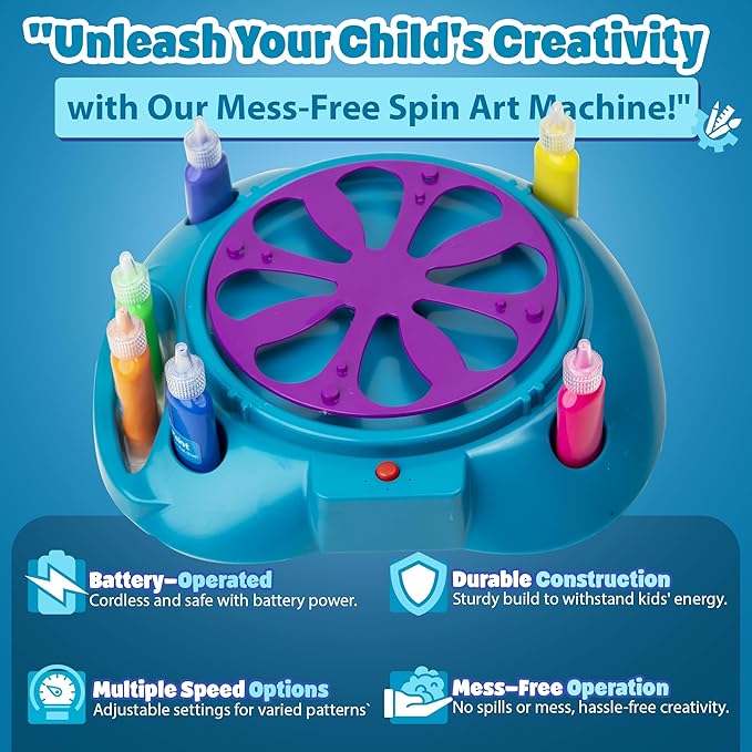 Spin Art Machine Variable Speed, Battery Operated Spinner - Paint Spinner with Splatter Guard, Washable Paint, Spin Art Kit, Art Design Card, Stem Toys, Kid Arts and Crafts, Girls Boys