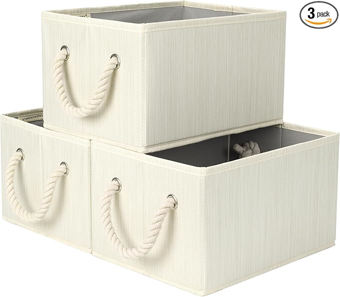 StorageWorks Storage Baskets for Shelves, Foldable Fabric Closet Storage Bins with Handles, Fabric Storage Bins Clothes Organizer, Beige, White & Ivory, 3-Pack, Small