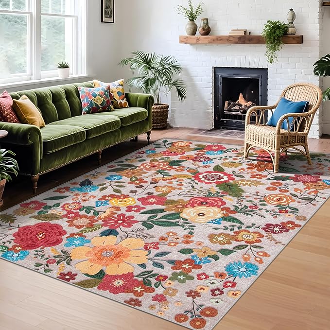 Area Rug Living Room Rugs: 5x7 Washable Rug Vintage Floral Soft Boho Non Slip Carpet Indoor Floor Non Shedding Low Pile Thin Carpets for Bedroom Dining Room Farmhouse Nursery Home Office Beige
