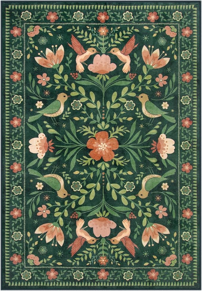 Moynesa Boho Bird 6x9 Area Rugs, Washable Ultra-Thin Dark Green Rugs for Living Room, Soft, Low Pile, Indoor Boho Large Throw Carpet for Bedroom Dining Room Under Table Office Playroom
