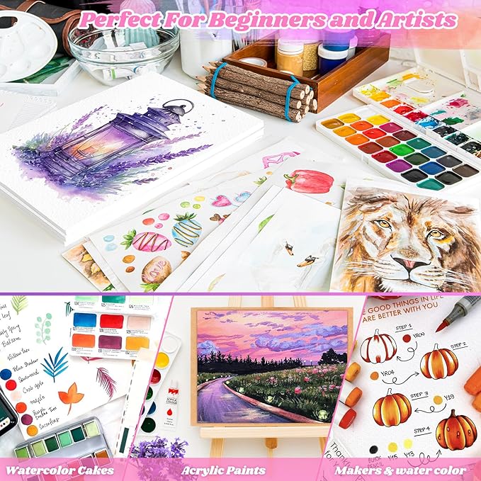 128 Sheets Watercolor Paper, Easter Basket Stuffers, 8.5"x11" Cold Press Water Color Paper, 140lb/300gsm Artist Sketch Easel Acrylic Painting Drawing Supplies for Watercolors, Watercolor Paint Set