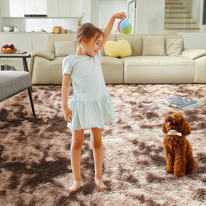 Ultra Soft Rug for Living Room, 8X10 Tie-Dyed Coffee Fluffy Shag Area Rug for Bedroom, Modern Shaggy Carpets Fuzzy Rug for Teens Dorm Nursery Home Decor Aesthetic, Upgrade Anti-Skid Durable