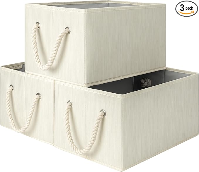 StorageWorks Storage Baskets for Shelves, Foldable Fabric Closet Storage Bins with Handles, Fabric Storage Bins Clothes Organizer, Beige, White & Ivory, 3-Pack, Large