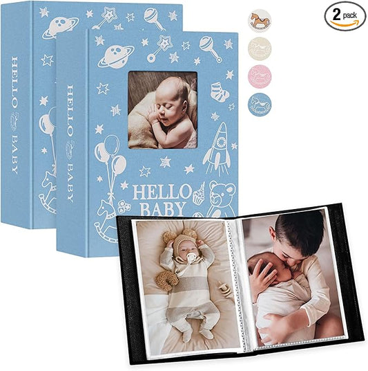Lanpn Baby Photo Album 4x6 100 Pockets 2 Packs, Mini Linen DIY Window Photo Book Newborn Bebe Album Memory Book Sets, Holds 100 Top Loader Vertical Pictures Gift for Kids Boy Girl Baby Shower, Blue