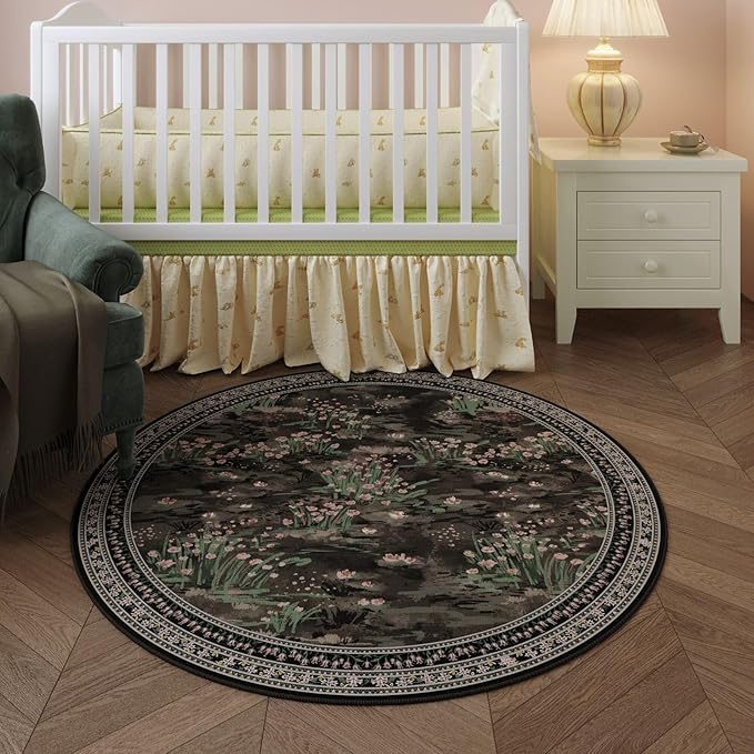 Circle Rug Impressionist-Style Vintage Round Rug 4ft Non Slip Low Pile Small Circular Rug for Bedroom Bathroom Entryway Kids Room Office College Dorm, Black