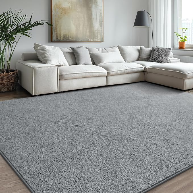 Kimicole 7x10 Washable Area Rugs for Living Room Bedroom, Large Low Pile Ulta-Thin Solid Color Rug, Non-Slip Soft Fluffy Carpet for Nursery Kids Room Dorm Room Home Decor (Grey)