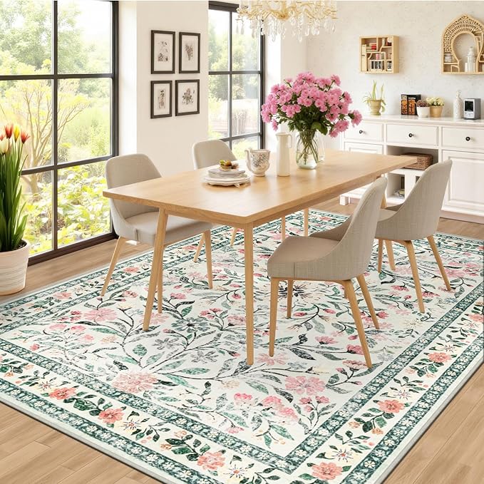 Area Rug Living Room Rugs: Floral 5x7 Washable Rug Vintage Soft Boho Non-Slip Carpet Indoor Stain Resistant Large Carpets for Bedroom Dining Room Farmhouse Nursery Hallway Home Office Green Beige