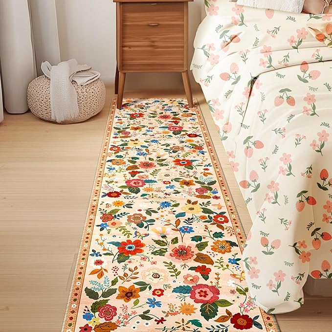 Floral 2x10 Area Rug Machine Washable Soft Print Boho Carpet Non Slip Doormat Low Pile Flower Area Rugs for Living Room Bedroom Nursery Kitchen Dining Room Indoor-Light Orange