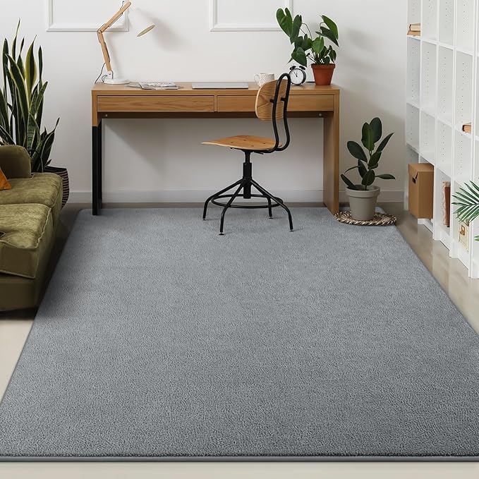 Kimicole 7x10 Washable Area Rugs for Living Room Bedroom, Large Low Pile Ulta-Thin Solid Color Rug, Non-Slip Soft Fluffy Carpet for Nursery Kids Room Dorm Room Home Decor (Grey)