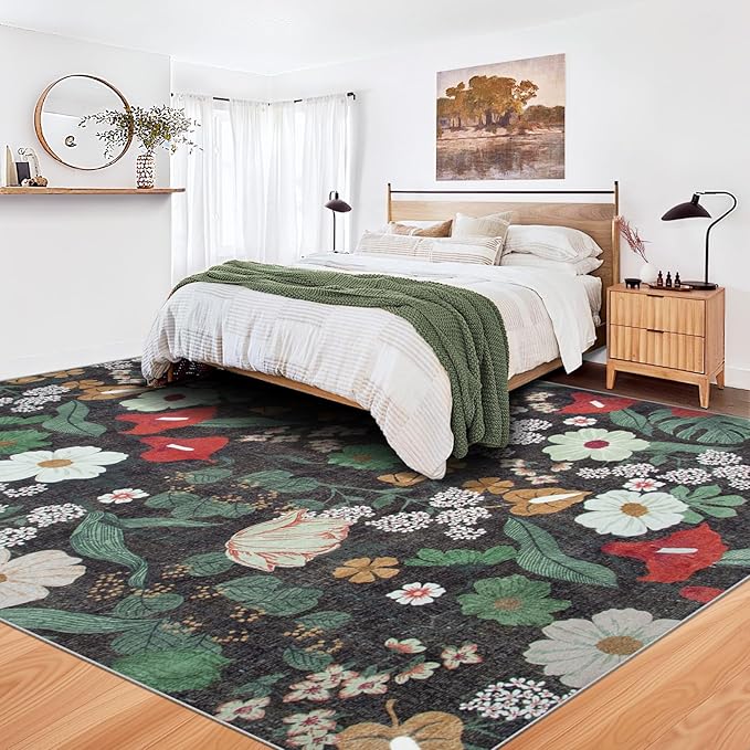 8x10 Area Rug for Living Room: Vintage Floral Washable Rug Soft Boho Non Slip Carpet Large Indoor Floor Non Shedding Low Pile Thin Carpets for Bedroom Dining Room Farmhouse Nursery Home Office Green