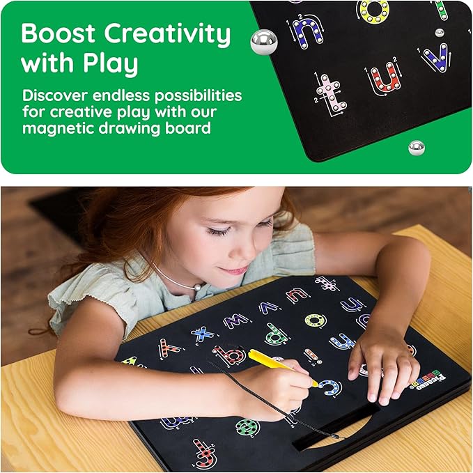PicassoTiles 2-in-1 Magnetic Drawing Board Toy 12x10 inch Large Magnet Bead Tablet Pad with 2 Facings Alphabet STEM Free Style Educational Erasable & Reusable Learning Writing Playboard in Black PTB04